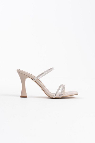 EMOYRA Alvina Beige Stone Thin Strap Women's Heeled Slippers