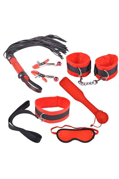 WildFashion 7-piece fetish/BDSM set, with soft material and imitation leather, Red, TOY149-3