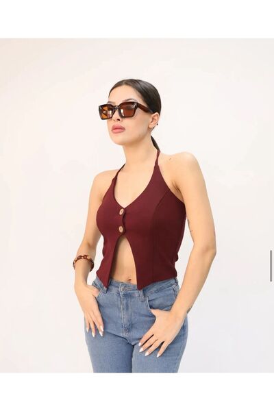 ALLEYTA Women's Buttoned Belly and Back Low-Cut Halter Bustier