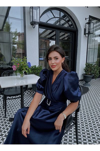BAHARYAMAÇLI Women's Long Navy Blue Balloon Sleeve Lavin Dress