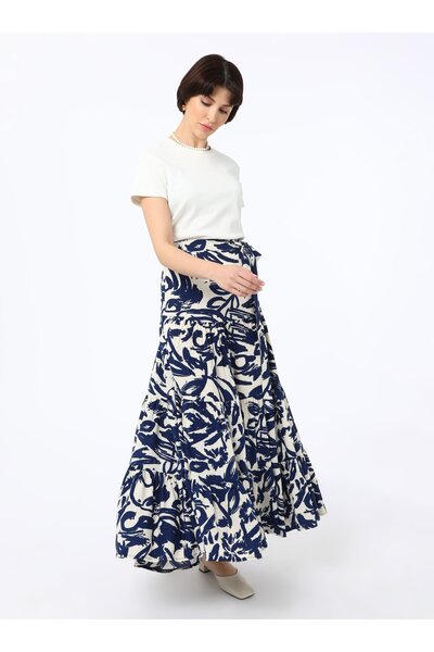 Refka Floral Patterned Viscose Skirt - Navy Blue - White Patterned - Refka