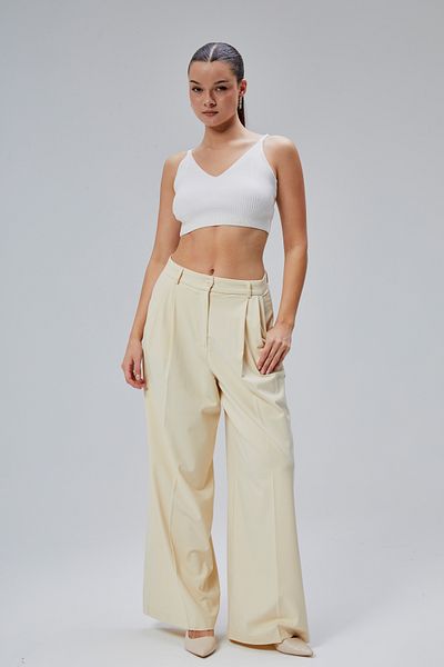 Bolivente Ecru Casual Cut Pleated Fabric Trousers