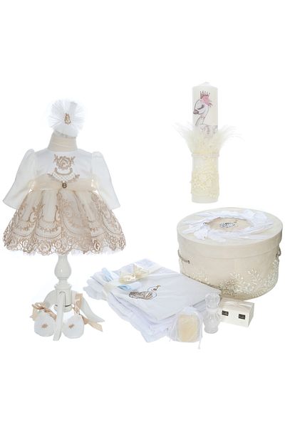 Recostore Baptism set with Swan, trousseau, dress and candle, ivory-cream color, REC3149