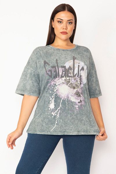 Şans Women's Large Size Colored Washed Fabric Front Printed Blouse 65n28366