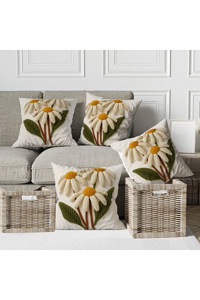 Ahsen Dekoratif Embroidery Patterned Papatya Digital Print Luxury Velvet 43X43 Set of 4 Throw Pillow Cases...