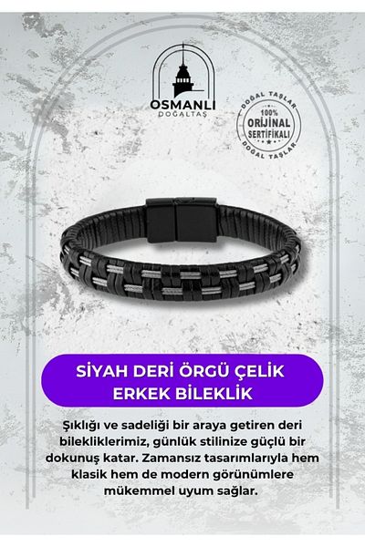 OSMANLI DOĞAL TAŞ Black Leather Braid Steel Men's Bracelet