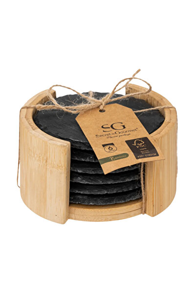 Secret de Gourmet Set de 6 suporturi pentru băuturi SG, ardezie, suport din bambus inclus, diametru 10 cm