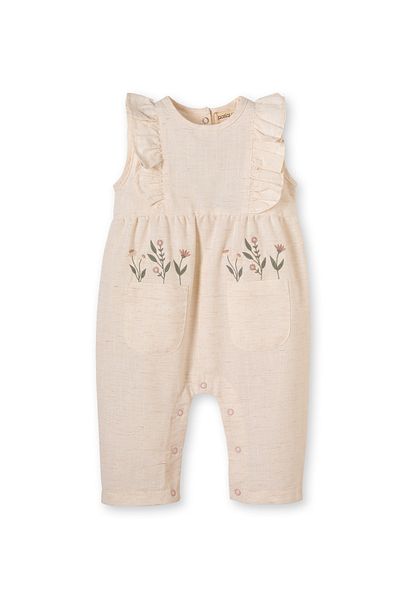 Patique Kids Cream Embroidered Linen Cotton Girl's Jumpsuit