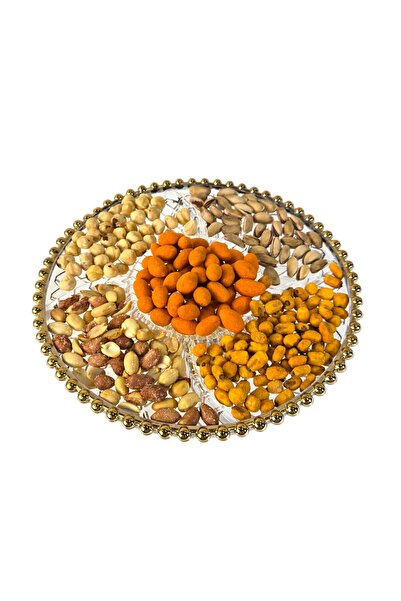 Ornamenti Cam Dekorlu Bölmeli Ayaklı Çerezlik, Sunumluk 26 Cm, Altın, Gümüş