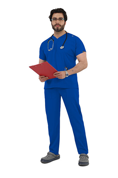 TİJA بدلة Saks Blue Lycra Dr Greys برقبة على شكل حرف V وأكمام طويلة، زي طبي ل...