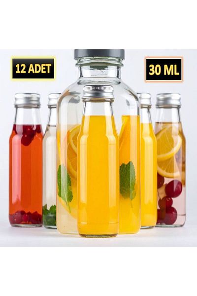 Saint Belisama Concept 12 Pcs - 30 ml Transparent Glass Bottle Silver Cover Lemonade Bottle Cologne Bottle, Juice Bottle, 30 ml