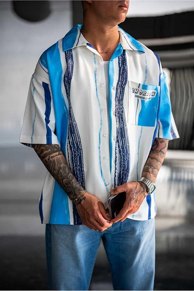 ablukaonline Cămașă cu mânecă scurtă cu model super oversize pentru bărbați, albastru