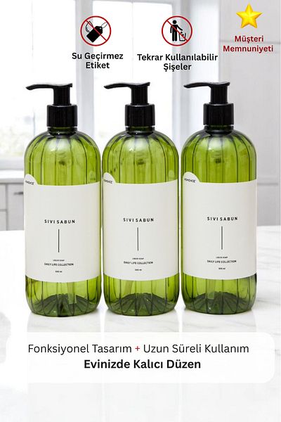 homence Plastic Bottle Set with Green Soap Dispenser - 3 Pieces 500 ml
