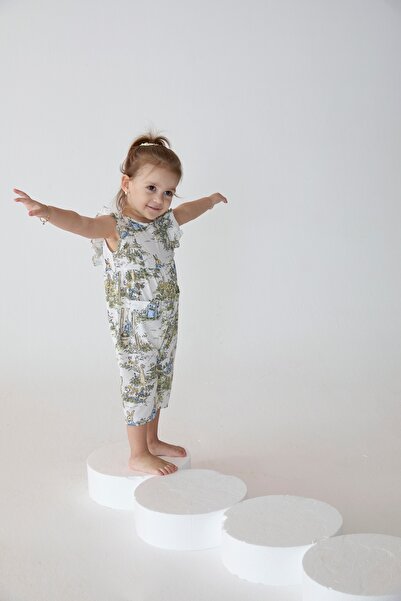 Patique Kids Cream Rabbit Patterned Cotton Girl's Jumpsuit with Snap Pocket