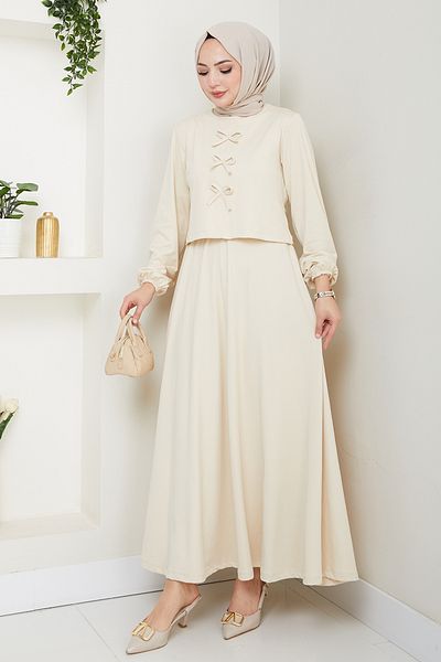 InStyle Stone Suit with Skirt and Bow Detail