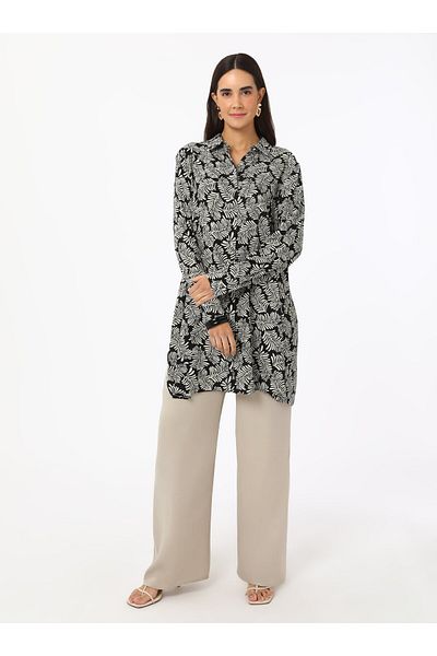 Refka Viscose Printed Tunic - Black and White Leaf Pattern - Refka