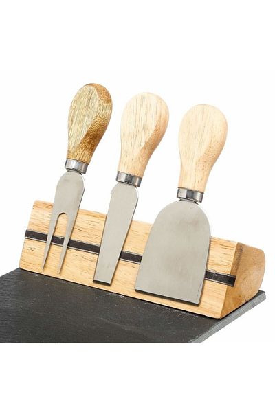 Secret de Gourmet Set of 3 cheese knives + serving board, Secret de Gourmet, Stainless steel/Stone/Wood, Black