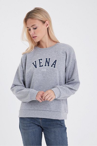 VENA Γυναικείο φούτερ με λαιμόκοψη γκρι μελανζέ με λογότυπο από βαμβάκι