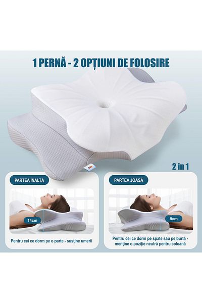 Linomag Set of 2 Linomag® cervical pillows, memory foam, washable cover, 60x38x9–13cm, white/gray