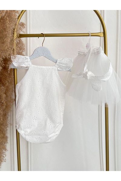 Hobidik Baby Kids White Scallop Fabric Romper Jumpsuit Skirted Dress Band Set