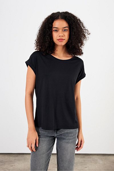 VENA Tricou de damă Cindy Black cu decolteu circular, cu croiala normală, modal de bază (Lyocell)