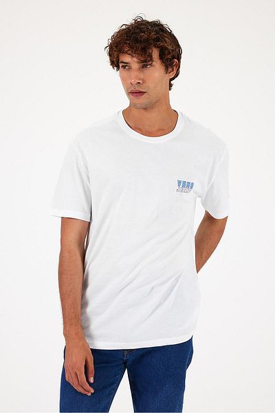 VENA Men's White Logo Printed Vena Embossed T-Shirt - Crew Neck