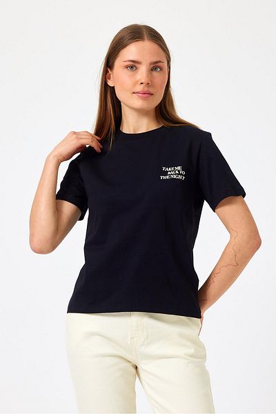 VENA Tricou negru cu imprimeu text pentru damă - Gât crew