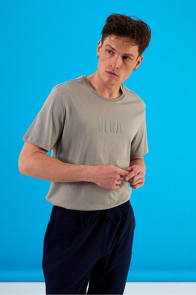 VENA Vena Gray Crew Neck Men's T-Shirt - Logo Printed