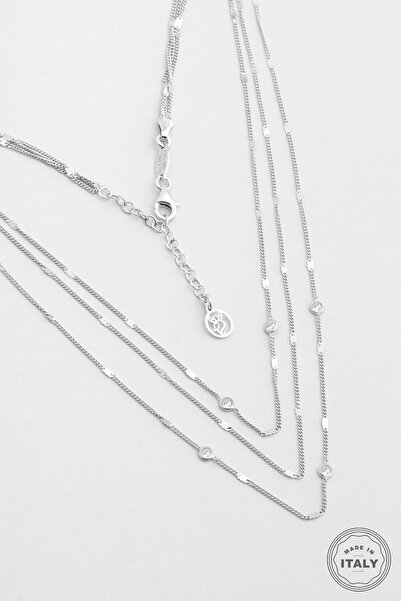 So CHIC... İtalyan Minimalist 18 Ayar Beyaz Altın Kaplama Gümüş Üçlü Kolye