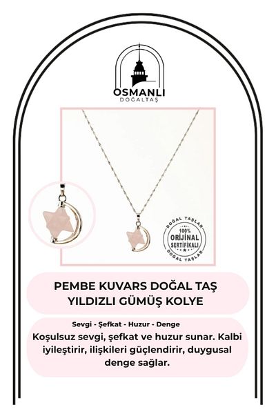 OSMANLI DOĞAL TAŞ Certified Pink Quartz Natural Stone Star Pendant with Silver Chain Ku022