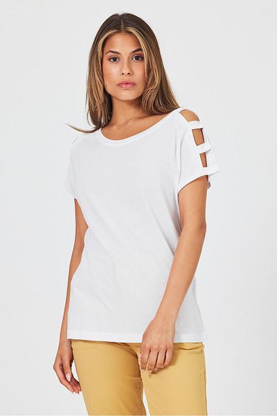 VENA Elsa White Modal T-Shirt - Crew λαιμόκοψη και λεπτομέρεια στους ώμους (Lyocell)