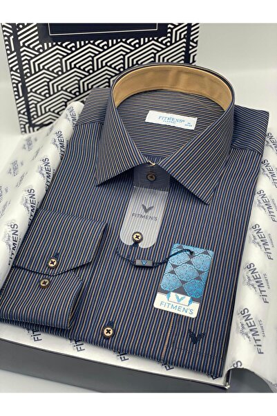 Fitmens قميص رجالي كلاسيكي بأكمام طويلة مخطط مع علبة هدايا FS-003865 - أزرق داكن