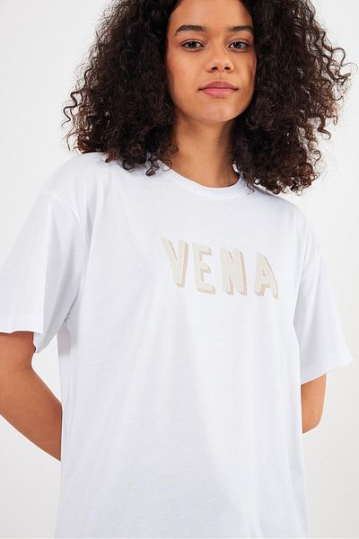 VENA Tricou supradimensionat cu logo Vena alb imprimat pentru femei