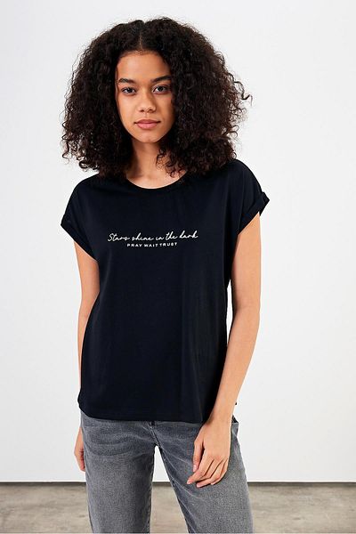 VENA Tricou de damă, negru strălucitor, cu decolteu rotund, cu imprimeu regular fit