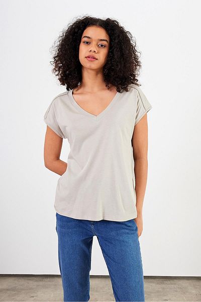 VENA Tricou de damă Khloe, gri, cu decolteu în V, cu detaliu din dantelă, în mod normal (Lyocell)