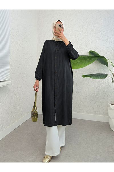 Modamorfo Long Crinkle Tunic with Buttons and Elastic Sleeves - Black