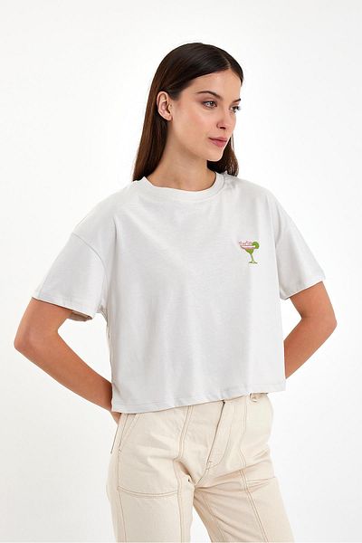 VENA Γυναικείο T-Shirt Crew Neck Crop - Κέντημα Martini Stone
