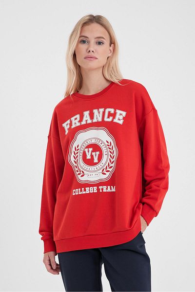 VENA Women's College Red Printed Sweatshirt