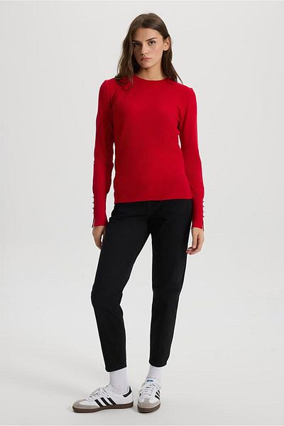 VENA Women's Mona Red Crew Neck Sleeve Buttoned Knitwear Sweater