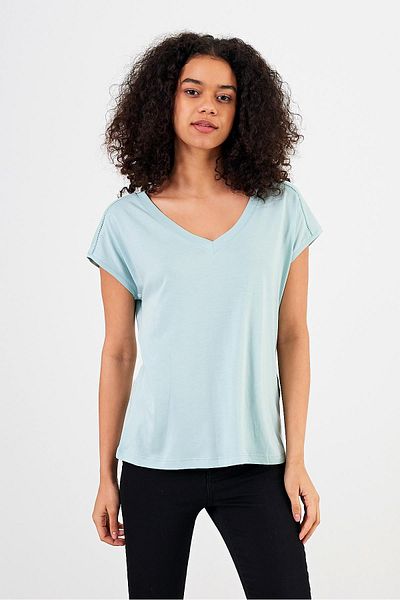 VENA Tricou de damă Khloe, albastru deschis, cu decolteu în V, cu detaliu din dantelă, modal (Lyocell)