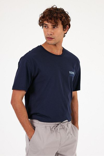 VENA Ανδρικό λογότυπο Vena Navy Blue - Μπλουζάκι με ανάγλυφο εμπριμέ λαιμόκοψη