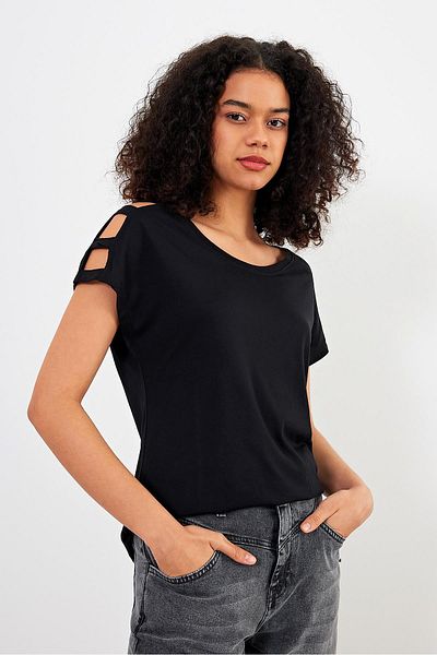 VENA Tricou de damă Elsa, negru, cu gât crew și pe umeri, modal (Lyocell)
