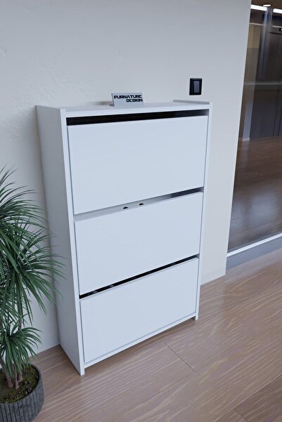 FurnatureDesign Düşer Kapak Ayakkabılık Duvara Monte Edilebilir Kayar Raflı 3...