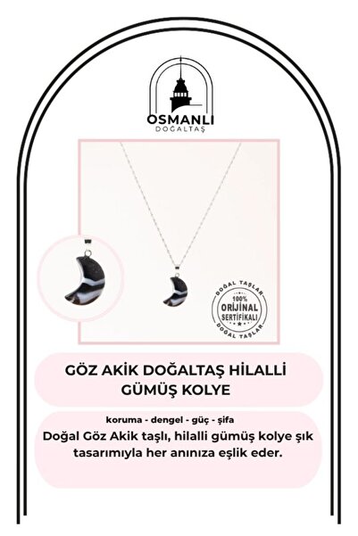 OSMANLI DOĞAL TAŞ Sertifikalı Göz Akik Doğaltaş Hilalli Kolye Ucu, Gümüş Zinc...