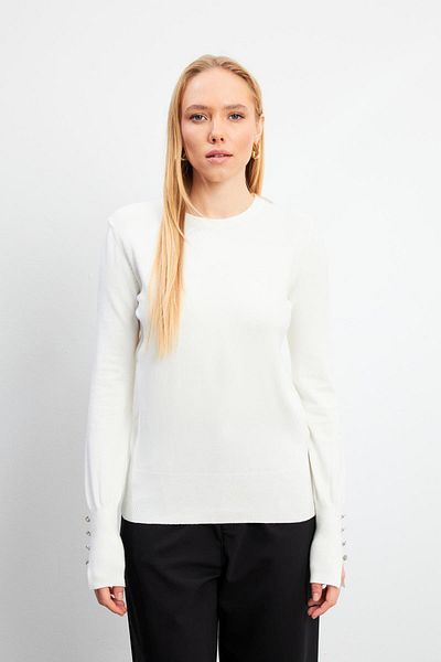 VENA Women's Mona Bone Crew Neck Sleeve Buttoned Knitwear Sweater