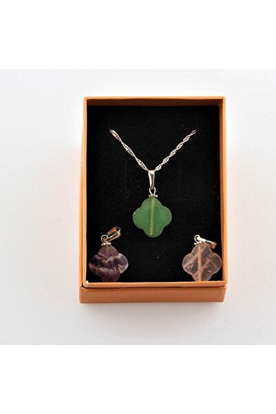 OSMANLI DOĞAL TAŞ Sertifikalı Üçlü Doğal Taş Yonca Kolye Ucu-gümüş Zincirle Birlikte M335