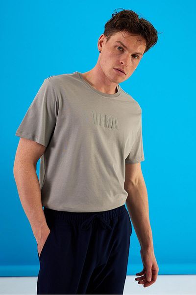 VENA Vena Gray Crew Neck Men's T-Shirt - Logo Printed