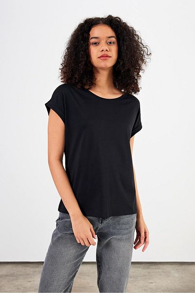 VENA Tricou de damă Cindy Black cu decolteu circular, cu croiala normală, modal de bază (Lyocell)
