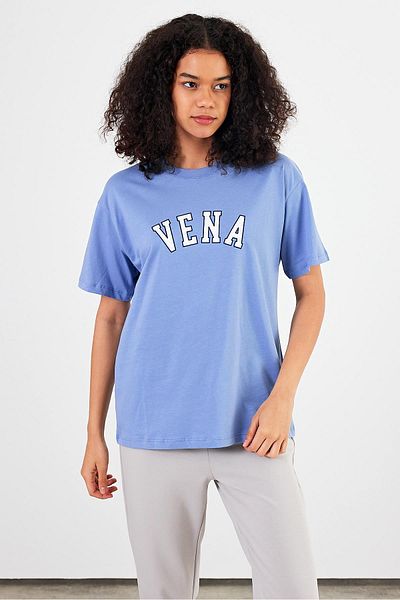 VENA Tricou de damă Vena Jeans, cu imprimeu albastru deschis, cu decolteu rotund, cu croiala normală