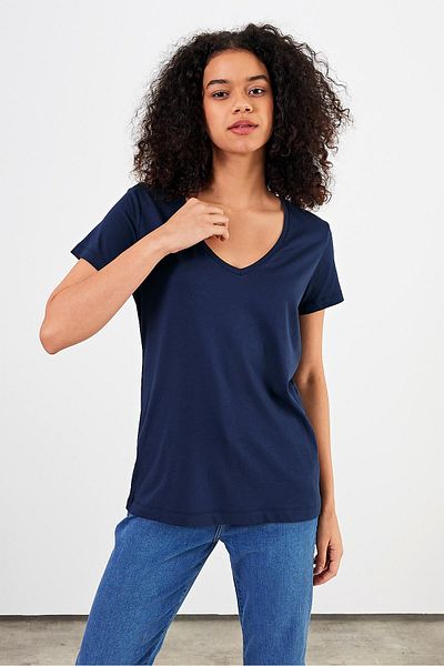 VENA Γυναικείο T-shirt Boyfriend Λαμπερό Μπλε V-Yaka Κανονική εφαρμογή Modal (Lyocell)
